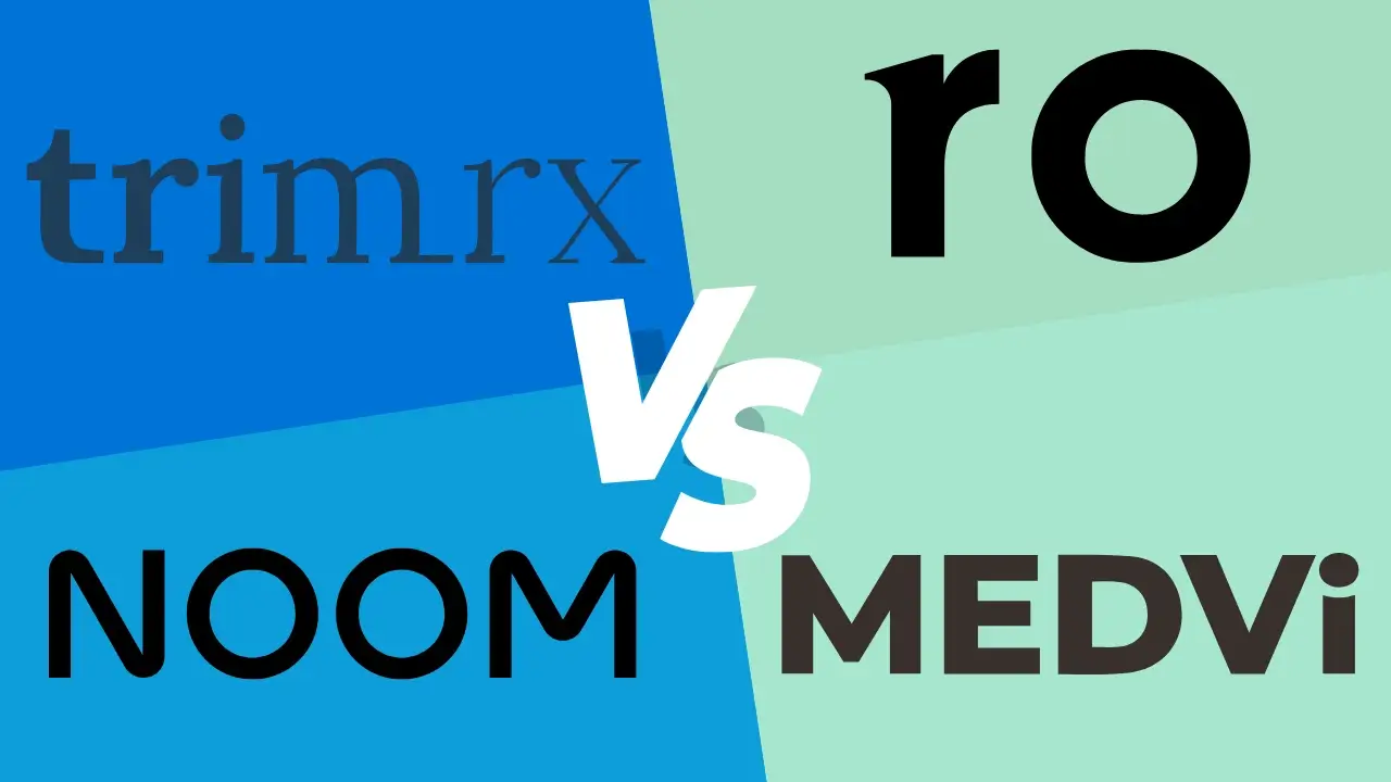 A split-screen graphic divided into four colorful quadrants comparing telehealth weight loss brands. It features the logos for trimrx, ro, NOOM, and MEDVi, with a large white "Vs" placed in the center.