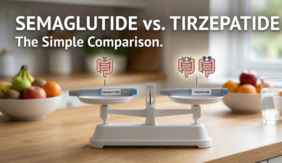 A white balance scale on a kitchen counter comparing weight loss shots. The left side holds a Semaglutide injection pen with a single-hormone icon, and the right side holds a Tirzepatide pen with a dual-hormone icon. Large text reads: SEMAGLUTIDE vs. TIRZEPATIDE: The Simple Comparison.