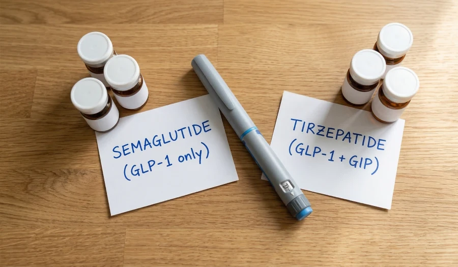 An overhead view of a weight loss injection pen resting on a wooden table between two handwritten notes and small medicine vials. The note on the left reads 'SEMAGLUTIDE (GLP-1 only)' and the note on the right reads 'TIRZEPATIDE (GLP-1 + GIP)'.