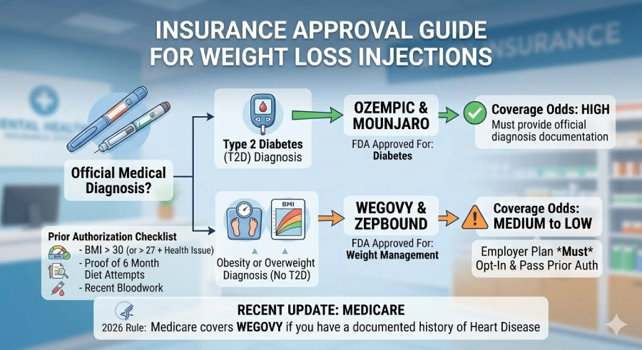 An infographic titled 'INSURANCE APPROVAL GUIDE FOR WEIGHT LOSS INJECTIONS', with illustrative pen injectors and medical icons. The guide uses a flowchart that splits based on an 'Official Medical Diagnosis?'. The top path is for 'Type 2 Diabetes (T2D) Diagnosis', which leads to OZEMPIC & MOUNJARO (FDA Approved For: Diabetes) and shows 'Coverage Odds: HIGH', noting that official diagnosis documentation must be provided. The bottom path is for 'Obesity or Overweight Diagnosis (No T2D)', which leads to WEGOVY & ZEPBOUND (FDA Approved For: Weight Management) and shows 'Coverage Odds: MEDIUM to LOW', noting that the employer plan must opt-in and pass a prior authorization (PA). This second path also includes a 'Prior Authorization Checklist' with conditions such as BMI requirements (> 30, or > 27 with a health issue), proof of 6-month diet attempts, and recent bloodwork. At the bottom, a 'RECENT UPDATE: MEDICARE' box clarifies the '2026 Rule: Medicare covers WEGOVY if you have a documented history of Heart Disease'.