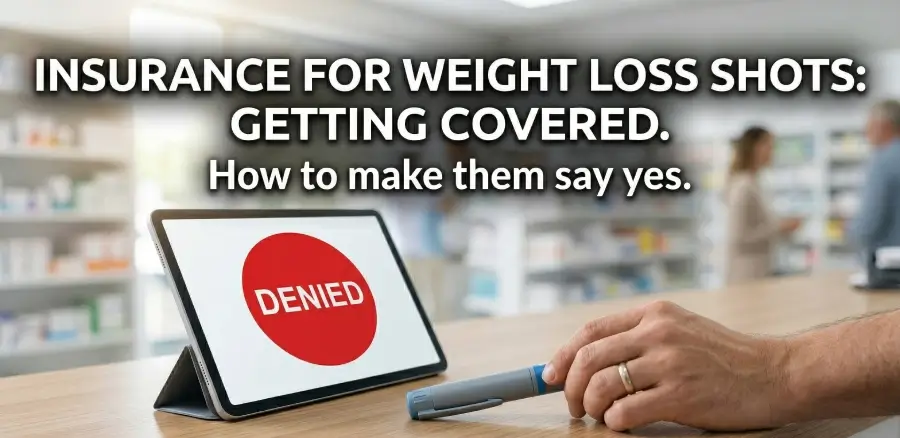 A photograph taken at a wooden pharmacy counter. A man's hand with a wedding ring is in the act of placing a grey pen injector (like Ozempic/Wegovy) on the counter. Next to the hand, a tablet sits on a stand, its screen displaying a large red circle with bold white text that reads 'DENIED'. The blurred background shows a modern pharmacy with shelves and distant people. Large text in bold white sans-serif font is overlaid across the top of the image, reading: 'INSURANCE FOR WEIGHT LOSS SHOTS: GETTING COVERED.' followed below by the smaller text, 'How to make them say yes.'. The image visually represents the frustration of a denied insurance claim for weight loss medication at the pharmacy counter.