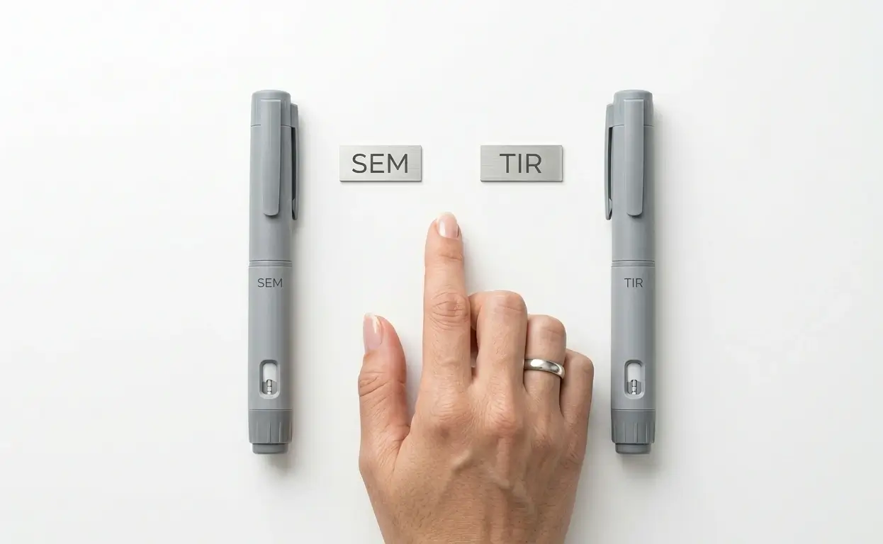 A white balance scale on a kitchen counter comparing weight loss shots. The left side holds a Semaglutide injection pen with a single-hormone icon, and the right side holds a Tirzepatide pen with a dual-hormone icon. Large text reads: SEMAGLUTIDE vs. TIRZEPATIDE: The Simple Comparison.