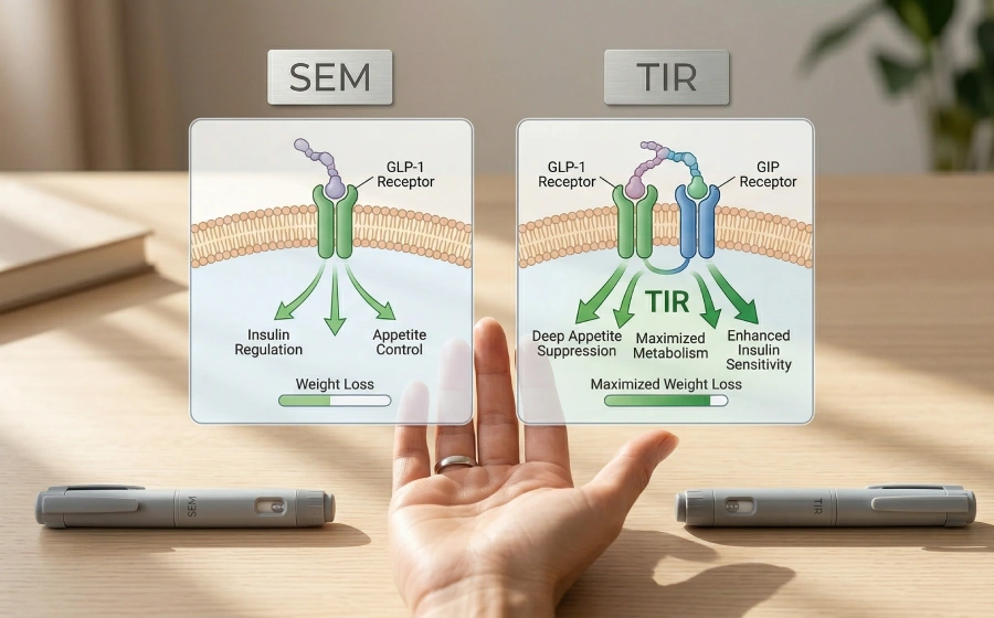 An overhead view of a weight loss injection pen resting on a wooden table between two handwritten notes and small medicine vials. The note on the left reads 'SEMAGLUTIDE (GLP-1 only)' and the note on the right reads 'TIRZEPATIDE (GLP-1 + GIP)'.