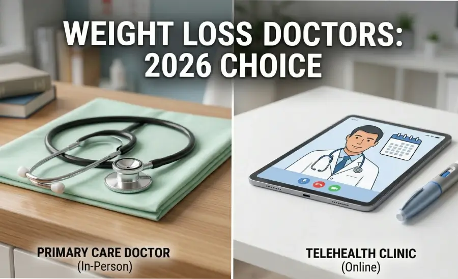 An infographic with a split-screen design and the main title, in a gray banner at the top, which reads "WEIGHT LOSS DOCTORS: 2026 CHOICE." The left panel, representing "In-Person" care, shows a photograph of a wooden counter with a folded light-green examination sheet and a dual-head stethoscope. The centered text below this panel reads "PRIMARY CARE DOCTOR (In-Person)." The right panel, representing "Online" care, shows a modern tablet on a clean white table with a stylus next to it. The tablet screen displays a videoconference interface with a smiling male doctor in a white coat, floating vital sign icons, and a large calendar icon. Icons for video and audio calls are also on the screen. The centered text below this panel reads "TELEHEALTH CLINIC (Online).