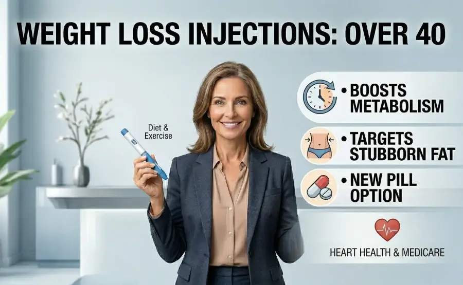 An informational graphic for "Weight Loss Injections: Over 40" with a central header and three structured points. At the top, a large, bold text header reads, "WEIGHT LOSS INJECTIONS: OVER 40". Below the header, a professional, smiling woman in her 40s or 50s, wearing a business dark suit jacket and a light brown blouse, stands in a modern, slightly blurred office setting, holding a blue and white pre-filled medical pen injector in her left hand. To her right, three bullet points are listed with illustrative icons: First, an analog clock icon with text "• BOOSTS METABOLISM"; Second, an icon of a female waist with arrows pointing inward, text "• TARGETS STUBBORN FAT"; Third, an icon of pills and capsules, text "• NEW PILL OPTION". In the bottom right corner, a red heart icon with an EKG line is accompanied by the text "HEART HEALTH & MEDICARE".