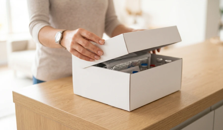 A close-up view of hands opening a discreet, plain white medical delivery box on a minimalist counter, revealing glimpses of refrigerated packaging and vials inside.