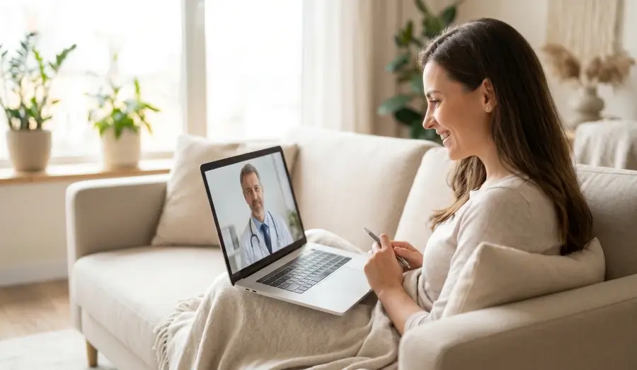 A smiling woman sits comfortably on a modern couch in a sunlit living room, engaging in a virtual telehealth consultation with a male doctor displayed on her laptop screen.