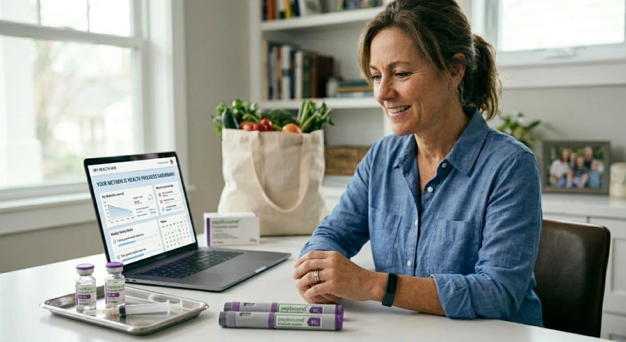 A candid, documentary-style photograph capturing a middle-aged woman seated confidently at her sunlit home office desk. She is smiling while looking at her laptop screen, which simultaneously displays a live telehealth video chat with a doctor and her 'Metabolic Health Progress Dashboard'. Clearly branded Zepbound (tirzepatide) autoinjector pens rest on the desk, alongside a tray holding two branded Zepbound vials with purple caps. A reusable grocery tote bag containing fresh vegetables rests on the counter behind her, symbolizing holistic weight loss.