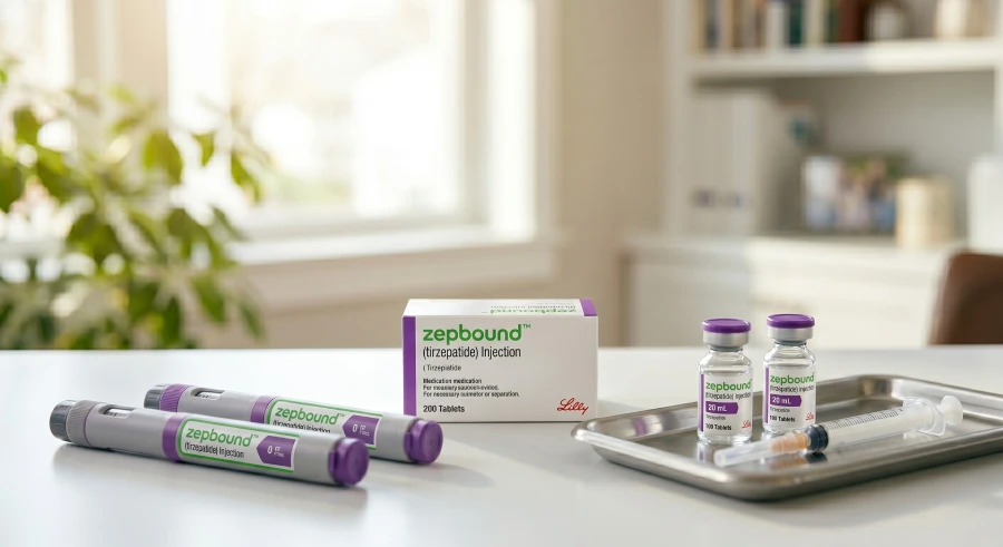 A modern, bright, product photo under natural daylight, displaying the delivery options for Zepbound weight loss medication. On a clean, contemporary medical desk surface sits a branded Zepbound carton. To the left, two sleek Zepbound autoinjector pens rest horizontally. To the right, on a sterile steel tray, rest two clear glass single-dose Zepbound vials with purple caps, next to a sterile syringe.