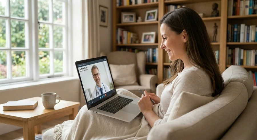 A warm, candid photograph of a woman relaxing comfortably on a plush sofa, covered by a blanket, in a cozy home library. She is smiling as she looks at her laptop screen, which displays a full-screen video feed of a male doctor in a white lab coat. The doctor's video feed is sharp and central on the laptop, demonstrating a telehealth consultation. The background shows a garden view through a window and a large wooden bookshelf filled with books and photo frames, emphasizing the home-based nature of the service.