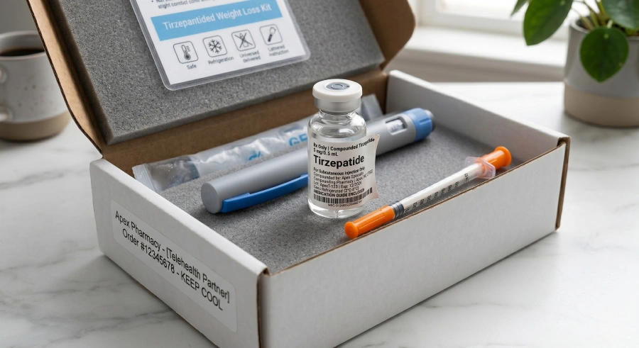 A detailed close-up photograph of an open Apex Pharmacy telehealth-prescribed Tirzepatide Weight Loss Kit. The opened cardboard shipping box sits on a marble countertop, revealing gray foam inserts. Nestle in the foam are a Tirzepatide injection pen, a clear glass vial labeled 