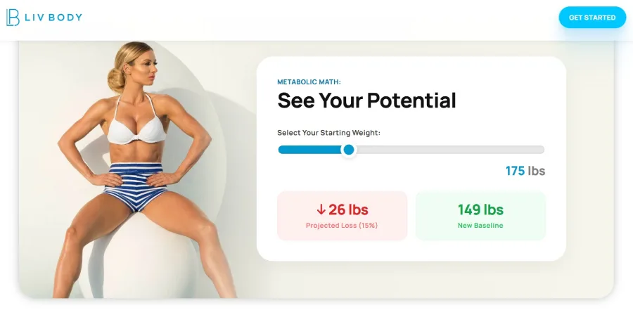 Liv Body blonde woman sitting on an exercise ball. Weight loss calculator example.