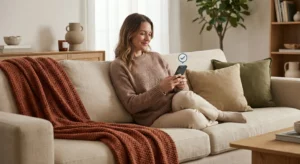 girl sitting on the couch completing feel good quiz