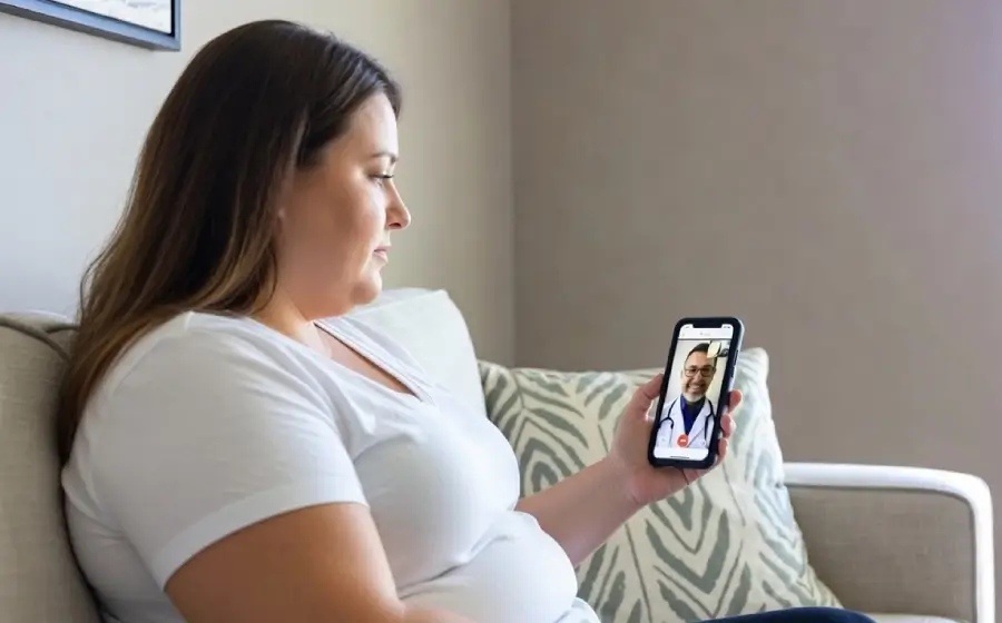a woman sitting on her telehealth appt on phone