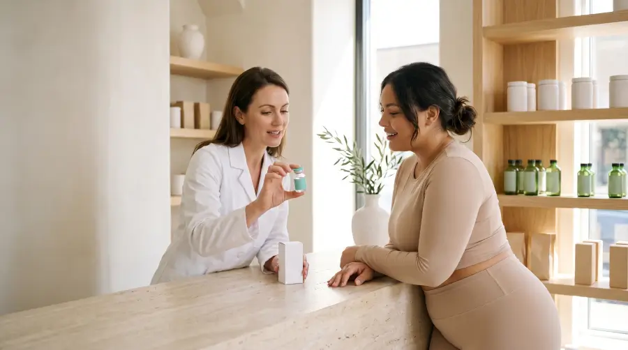 woman debating which glp1 to get at the pharmacy, talking to a pharmacist.