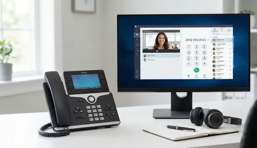 VoIP phone system at an office with Canadian area code on screen