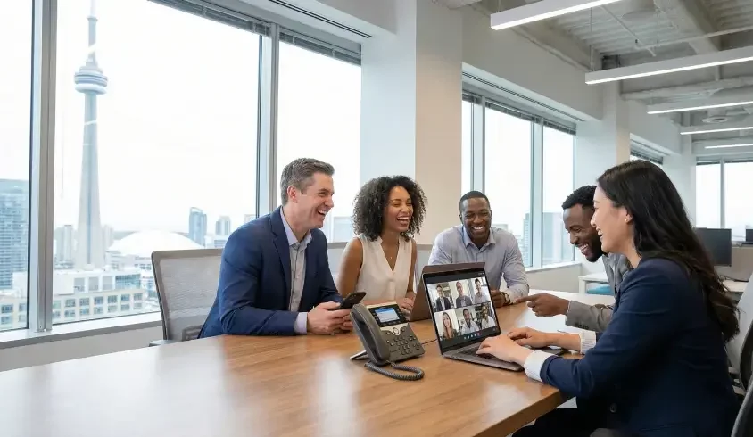 Business meeting next to CN Tower with VoIP system