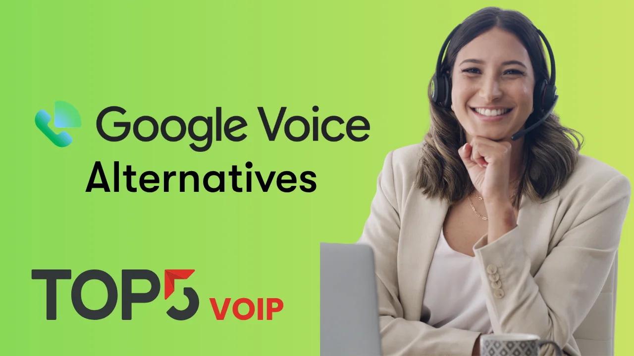A smiling woman wearing a customer service headset sits at a laptop. To her left is the Google Voice logo, the text 'Google Voice Alternatives,' and the Top 5 VoIP logo, all against a bright green background.