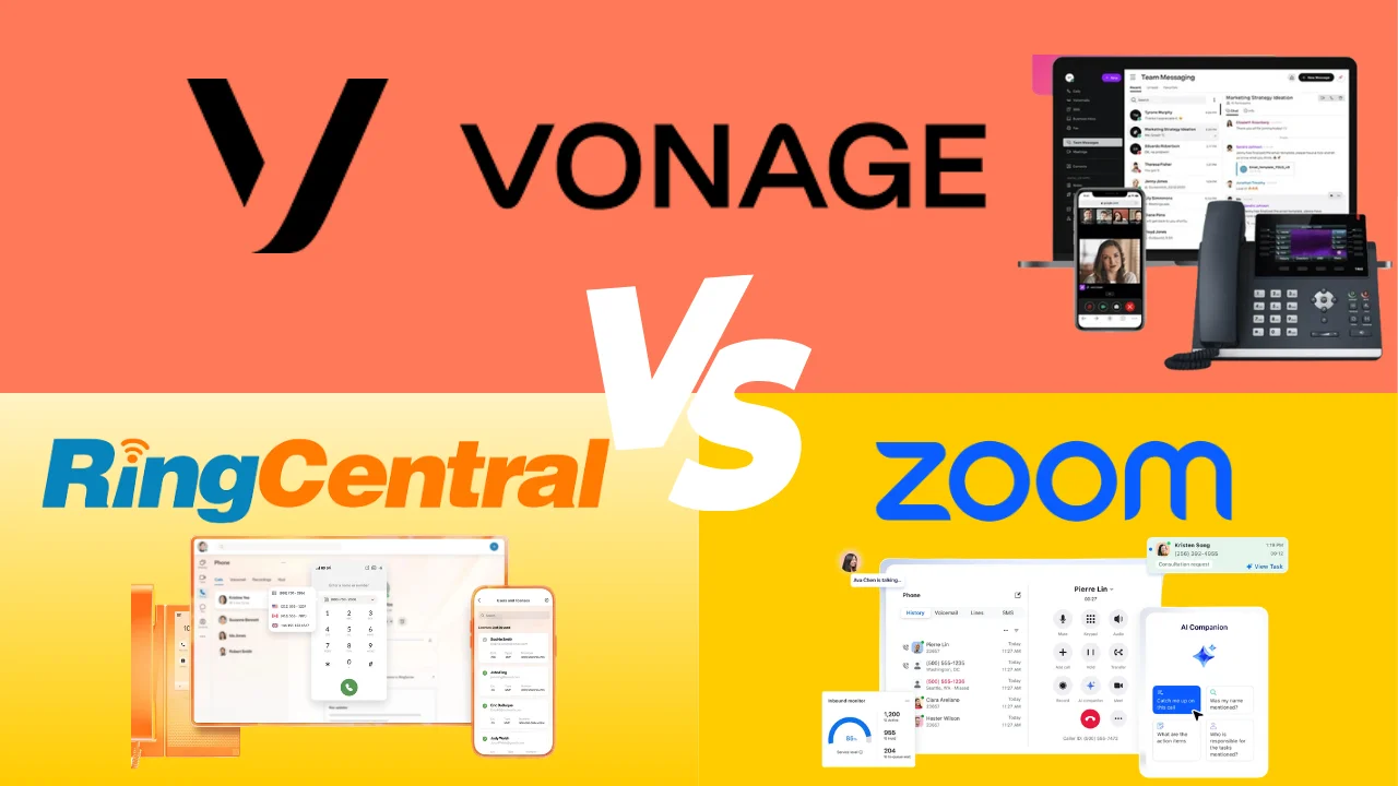 Comparison infographic titled Vonage vs RingCentral vs Zoom, showing the branding and user interface mockups for all three VoIP providers on desktop, mobile, and desk phones.