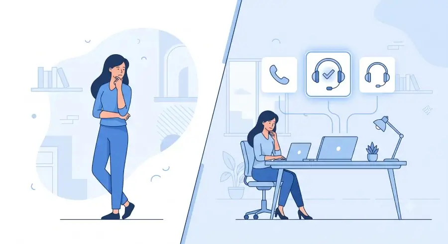 Illustration of a person comparing different VoIP phone service options before choosing the right business provider