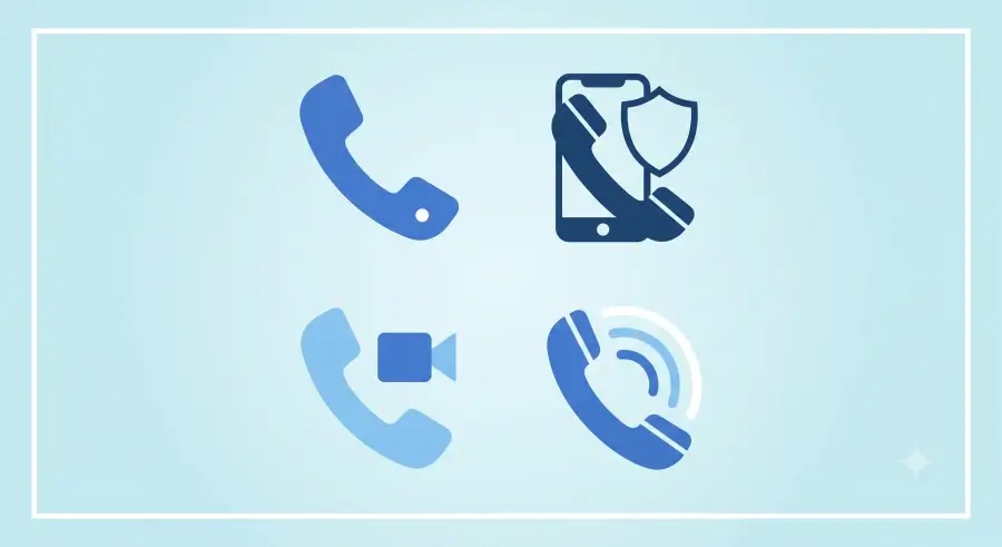 Four icons representing different types of virtual phone numbers: standard call, secure mobile number, video call, and toll-free call routing