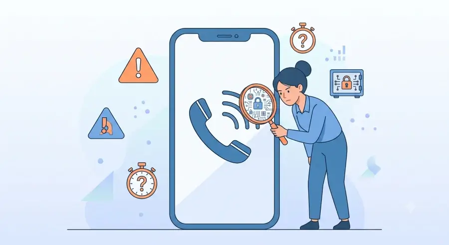 Illustration of a person examining a phone call with a magnifying glass, surrounded by warning icons representing security and reliability concerns to check before choosing a virtual number