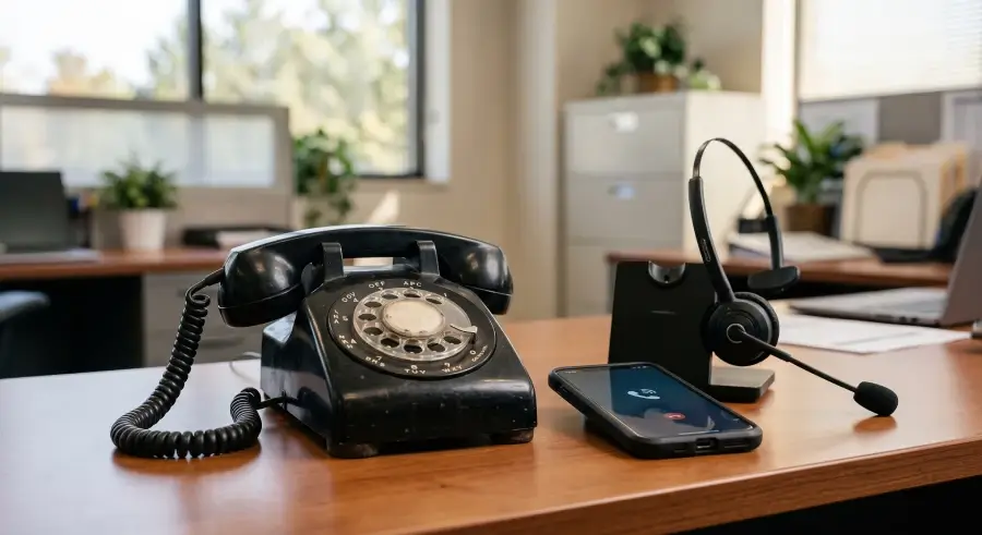 Business office transitioning from a traditional landline phone to a modern VoIP system