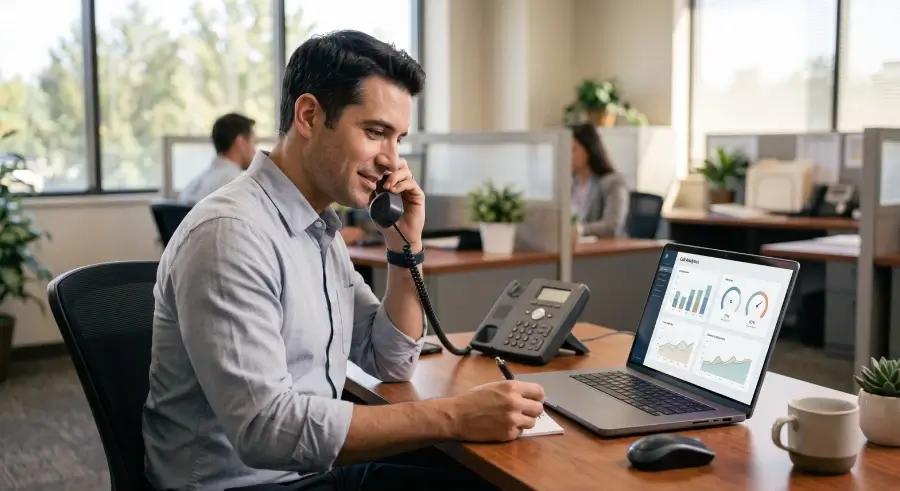 Business professional using an AI-powered phone system in a modern office