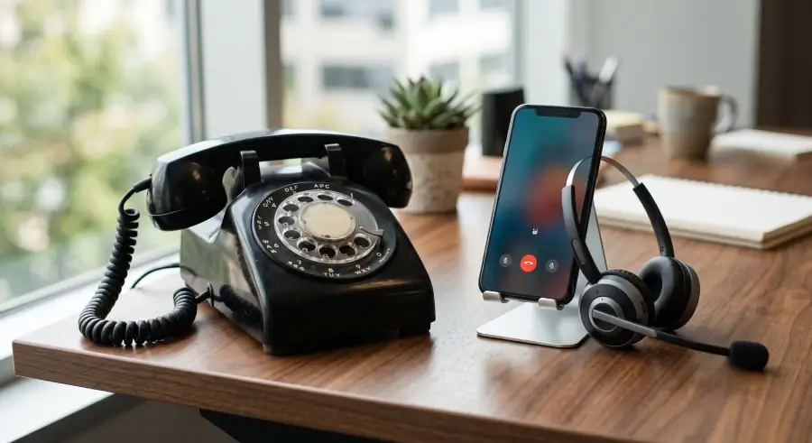 Business owner switching from a traditional landline phone to a modern VoIP system