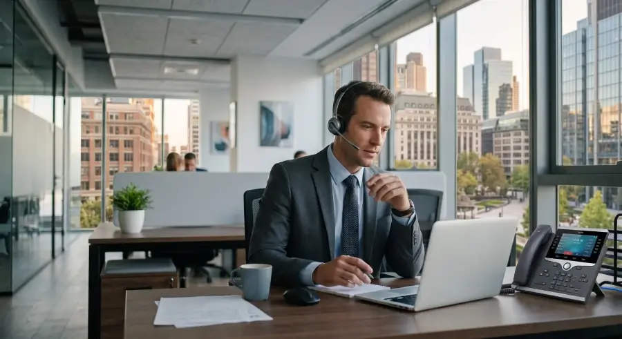 Business owner comparing VoIP phone providers on a laptop in a US office
