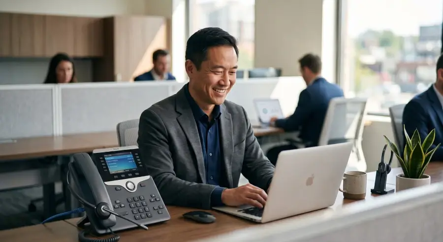 Professional in a law firm or corporate office using a secure business phone system