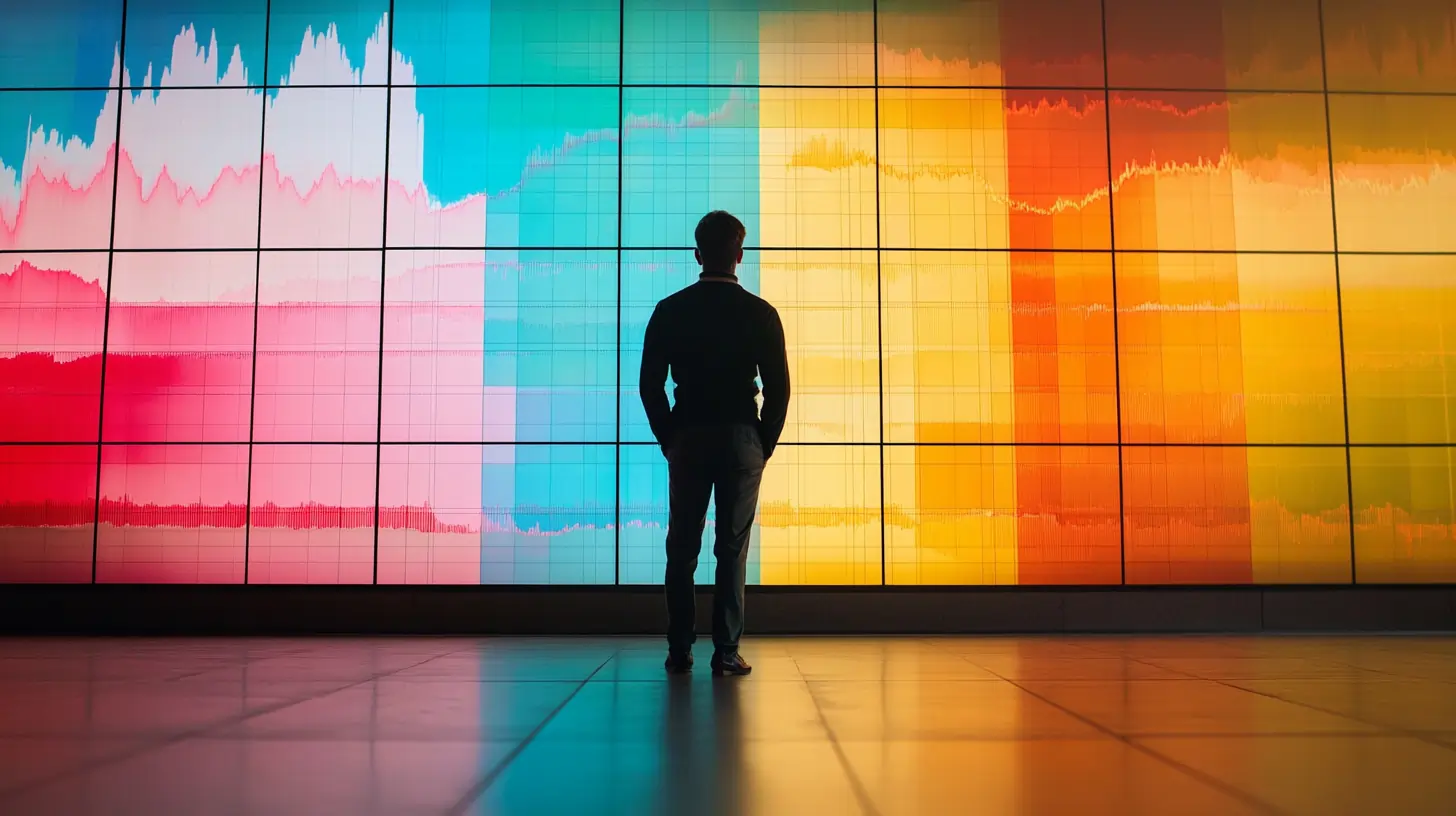 employee standing in front of a financial graph