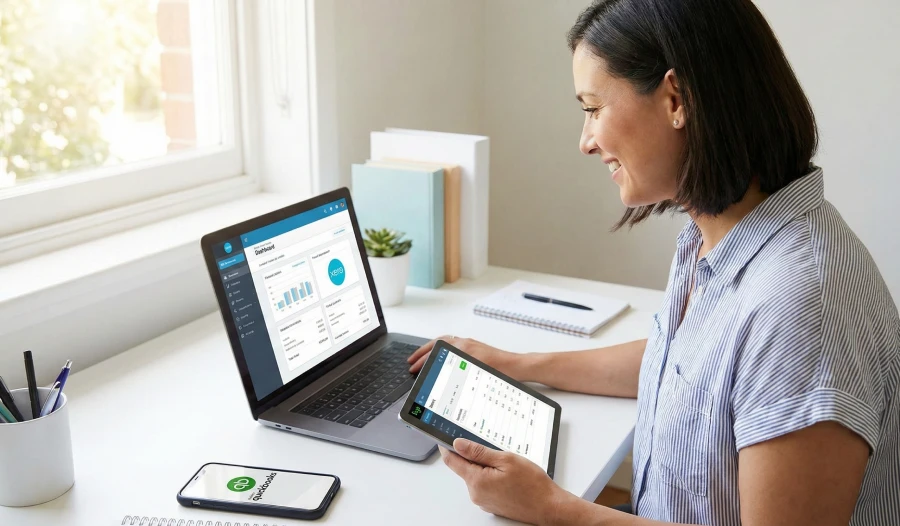 A smiling woman in a home office looks at a laptop displaying accounting software, while holding a tablet with similar financial data. A smartphone with the QuickBooks logo is on the desk next to a notebook and pen. Sunlight streams through a window to her left.