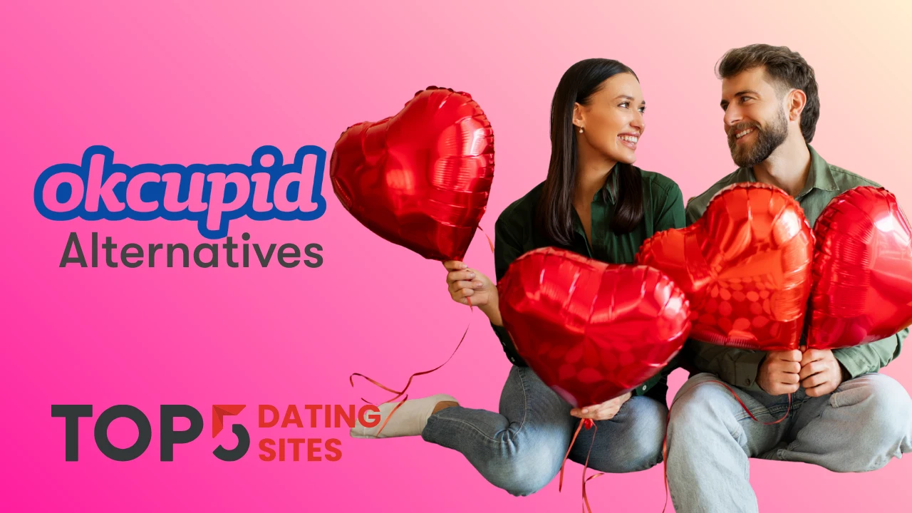 A graphic with the text "okcupid Alternatives" and "TOP 5 DATING SITES" next to a couple sitting on the floor holding red heart-shaped balloons.