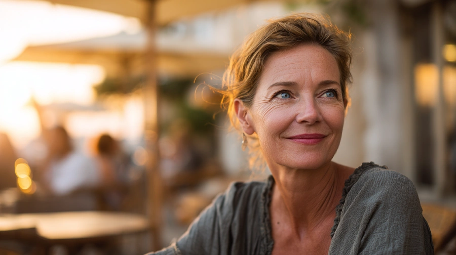 A middle-aged woman sits outdoors at a café during sunset, smiling warmly with a look of optimism and peace, representing the journey of finding love again after loss.