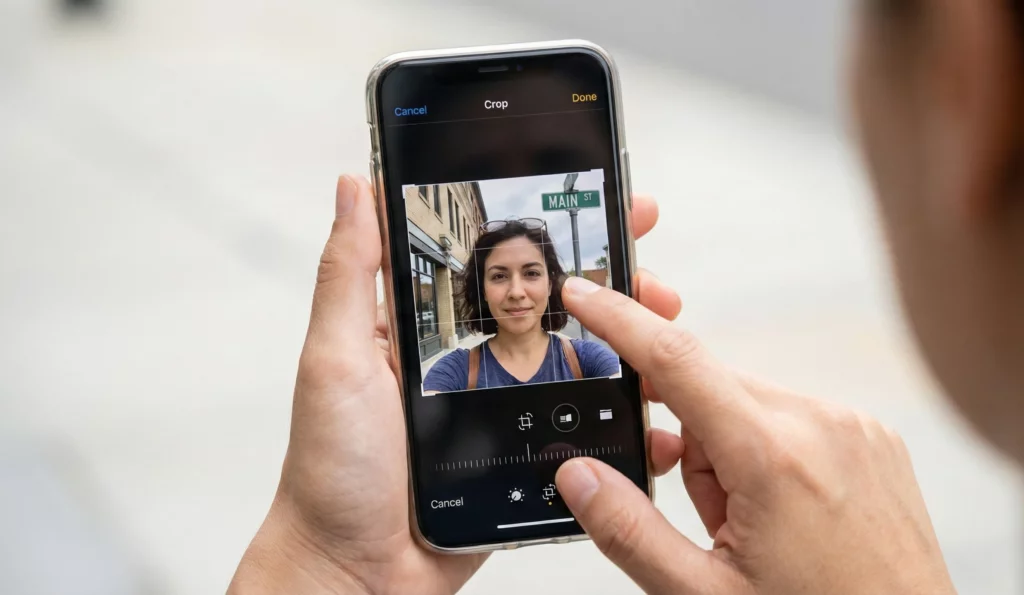 Close-up of a person's hands on a smartphone, using the crop tool to remove a street sign from a photo for their dating profile.