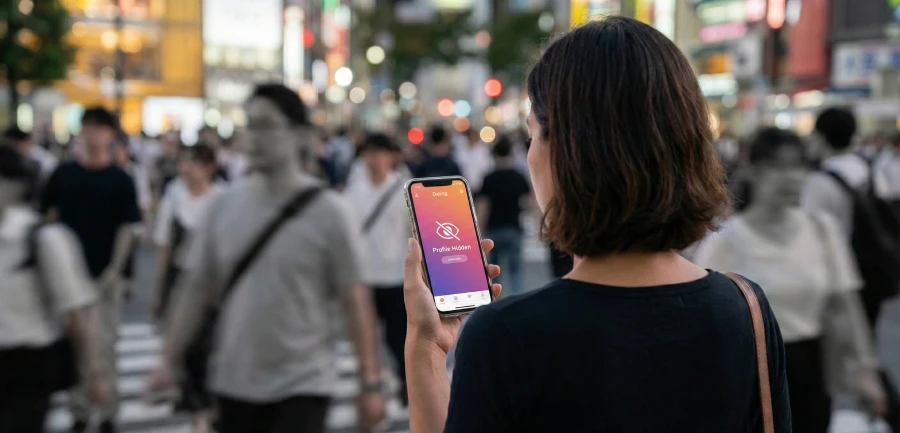 A woman holding a smartphone with a "Profile Hidden" icon on the screen, standing in a busy city street where the surrounding crowd is motion-blurred to symbolize anonymity.