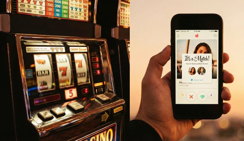 A split-screen image showing a vintage casino slot machine on the left and a smartphone displaying a dating app's "It's a Match!" notification on the right, illustrating the dopamine loop.