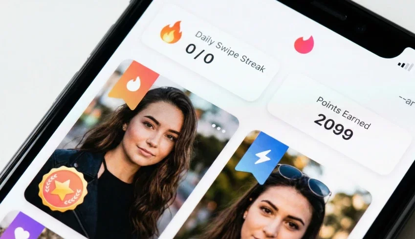 Close-up of a smartphone screen displaying a dating app interface with gamification elements like a daily swipe streak counter, points earned, and achievement badges.