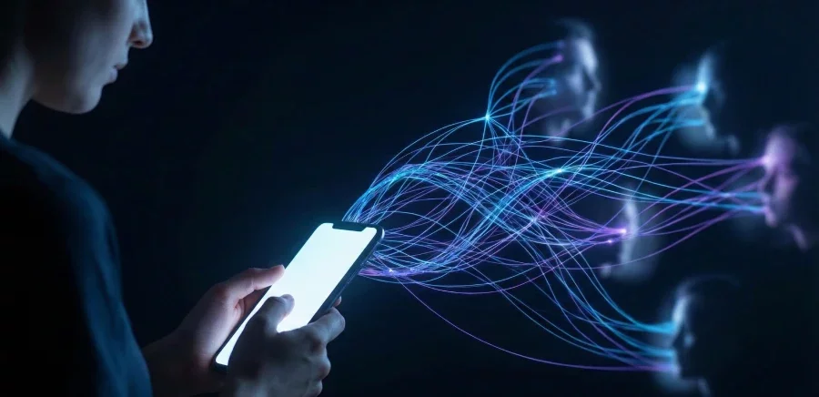 A person holding a smartphone with glowing blue and purple digital network lines connecting to blurred silhouettes of potential dating matches in the background, symbolizing dating app algorithms.