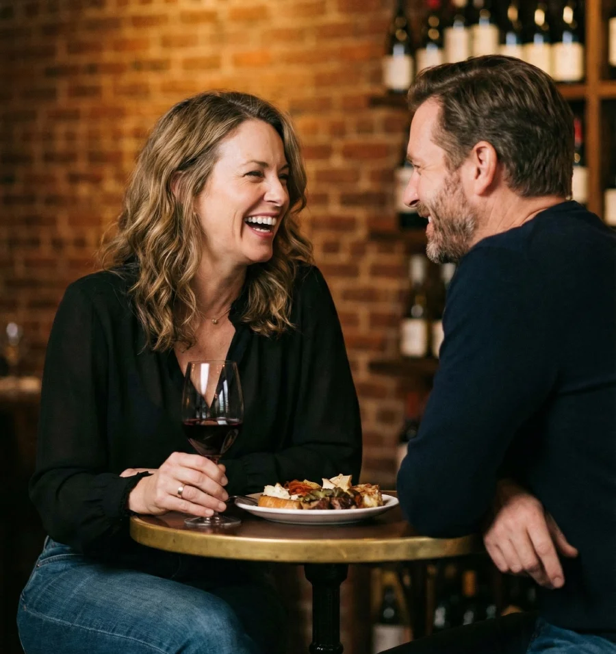 Vertical shot of an active couple in their 40s holding hands and laughing during a coastal walk, symbolizing real connection for mature singles.
