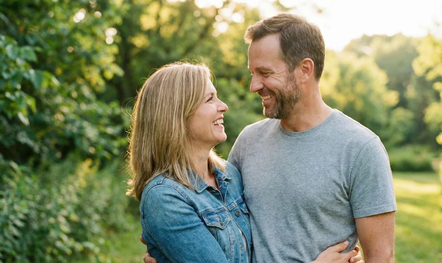 Candid photo of a couple in their 40s enjoying a genuine laugh on a sunny cafe patio, representing successful senior dating over 40.