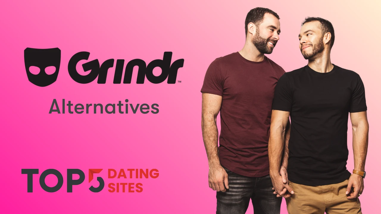 A graphic with the text "Grindr Alternatives" and "TOP 5 DATING SITES" next to two men holding hands and looking at each other.