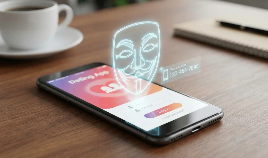 A smartphone on a desk with a glowing digital mask and a secondary virtual phone number hovering over a dating app screen, symbolizing privacy.