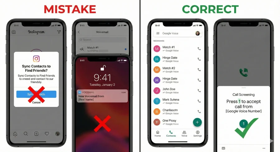 An infographic illustrating common burner number mistakes to avoid (like syncing contacts) and the correct settings to implement (like enabling call screening).