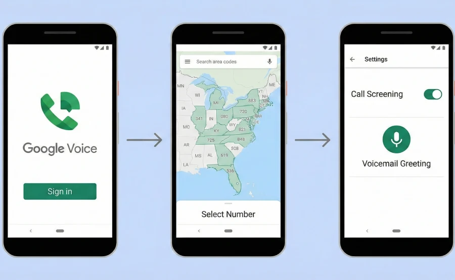 A three-step infographic showing the Google Voice setup process: signing in, selecting an area code from a map, and configuring call screening and voicemail settings.