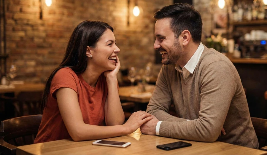 A couple laughing on a date in a restaurant, phones set aside, symbolizing the positive outcome of intentional, slow dating.
