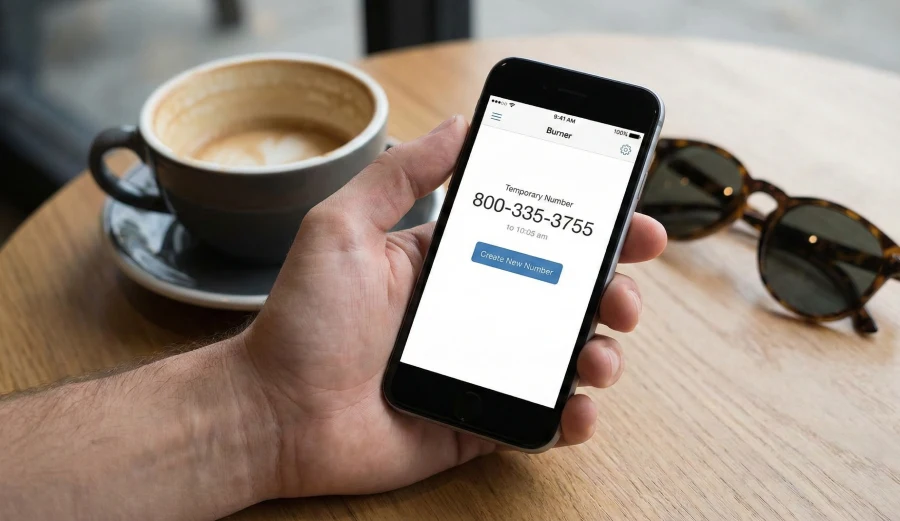 A person using a burner phone app on their smartphone to create a temporary number, illustrating a privacy tool for daters.
