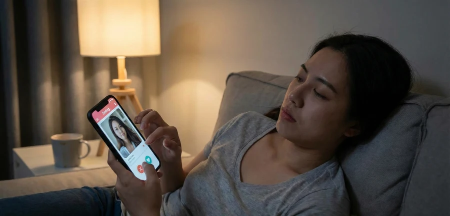 A person with a tired expression swiping on a dating app on their phone in a dimly lit room, illustrating dating app fatigue.