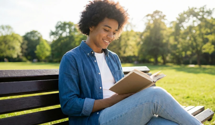A person sitting on a park bench reading a book, taking a break from technology as a form of digital detox.